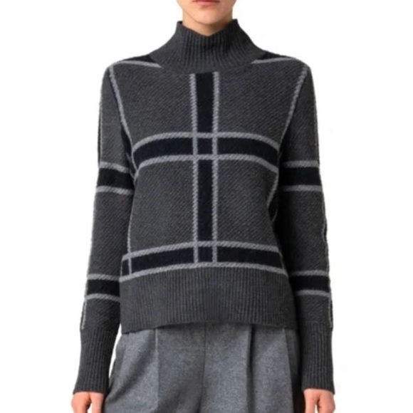 Akris Wool/Cashmere Intarsia Sweater Mock Neck Grey Black 12 - Picture 1 of 8